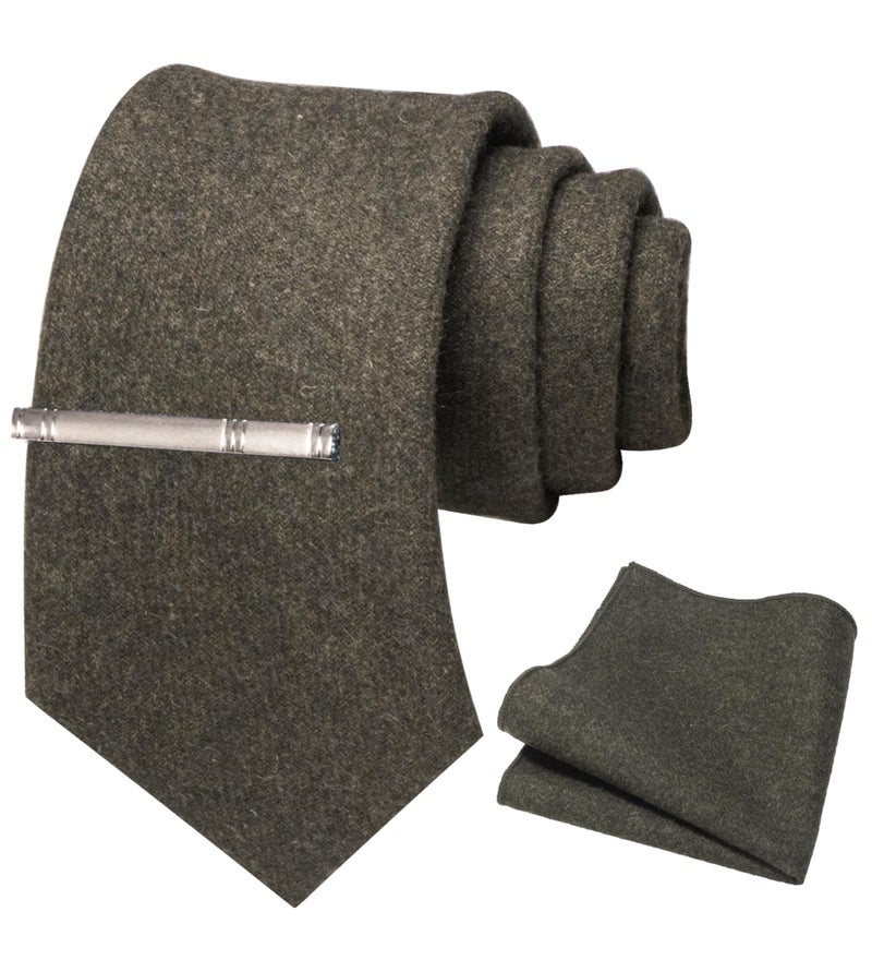 JEMYGINS Olive Green Cashmere Wool Necktie and Pocket Square, Hankerchief and Tie Clip Sets for Men (2) - Image 1